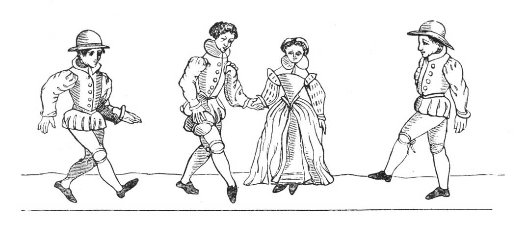 Darstellung von Gesellschaftstänzen aus dem 15. und 16. Jahrhundert nach originalen Quellen von Thoinot Arbeau und John Playford in Form einer schwarz-weiß-Zeichnung